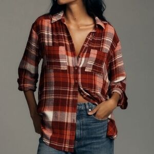 Anthropologie Pilcro Relaxed Button-Down Hadley Shirt Red XXS Boho Country